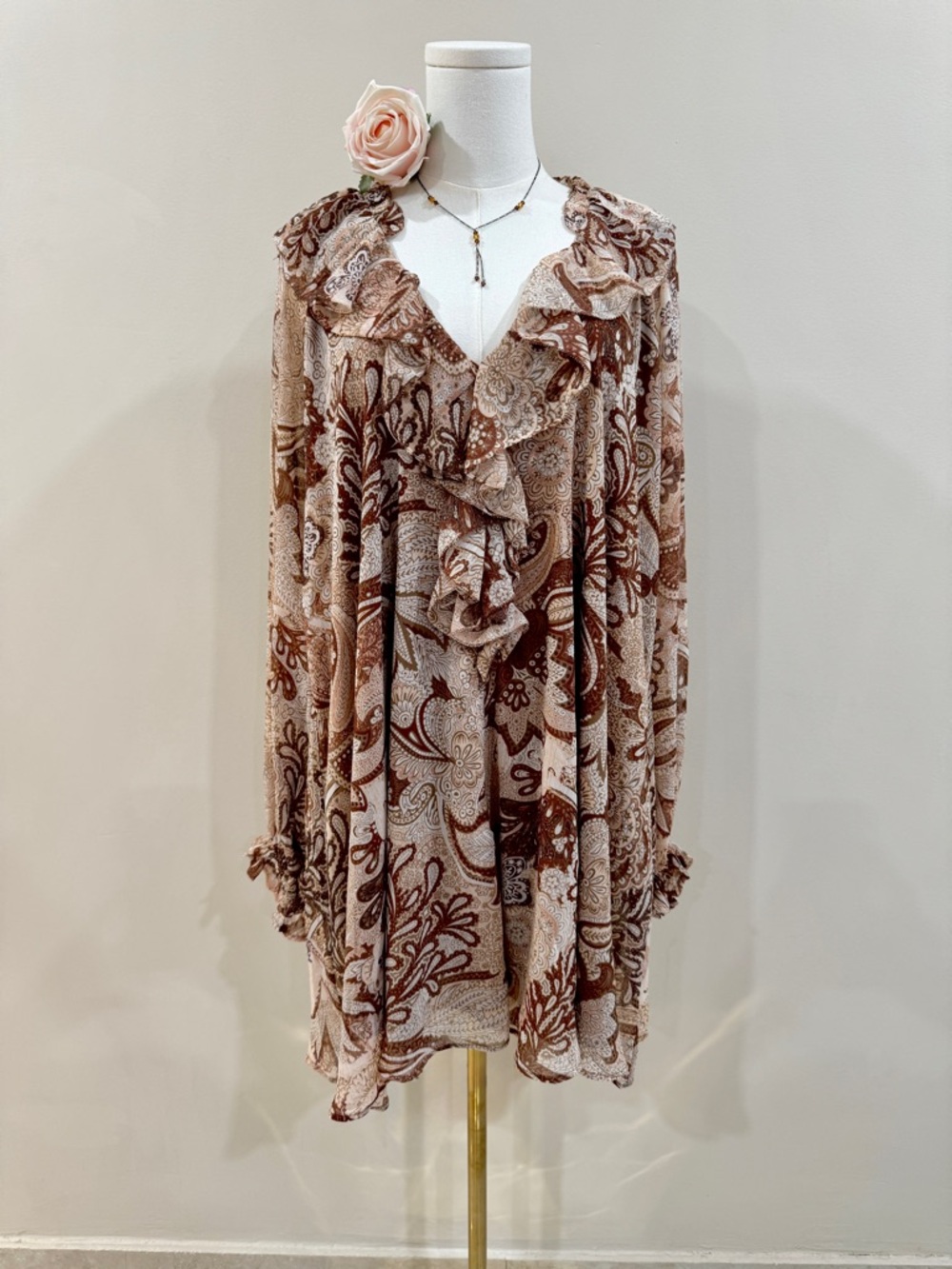 House of Harlow Brown Boho Paisley Ruffle Tunic Dress Flowy Mini Size S